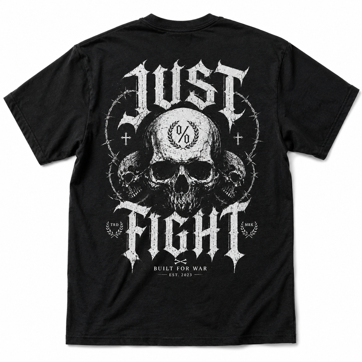 A black short-sleeve t-shirt shown from the back, featuring a large white graphic print of skulls, thorny circular designs, and the words 'JUST FIGHT' in a gothic font.