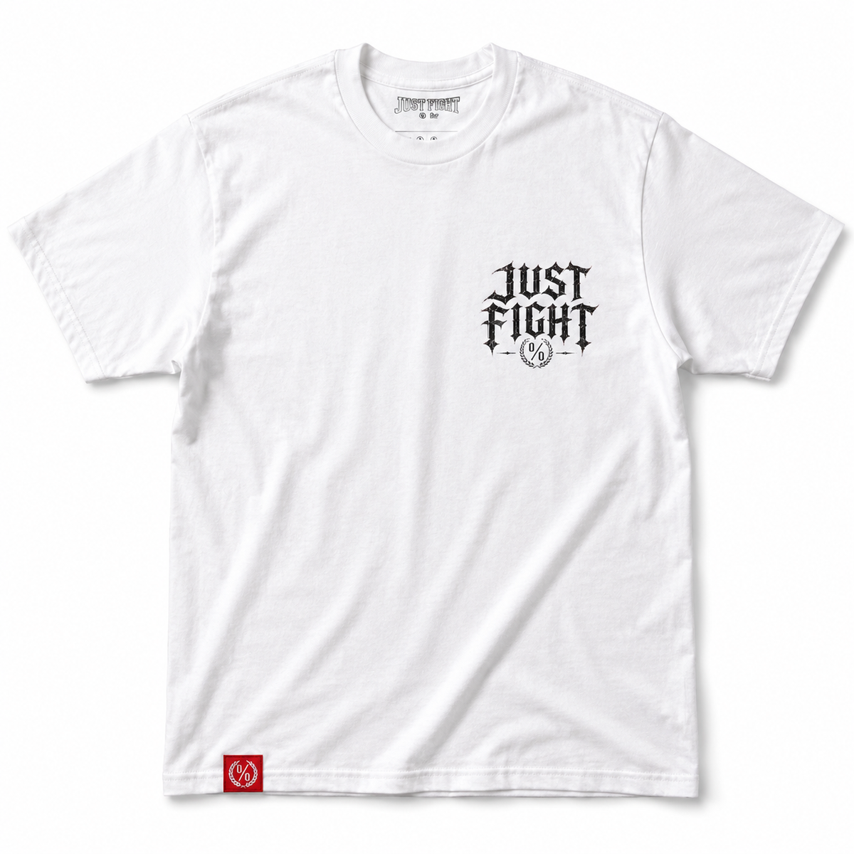 A white short-sleeve crewneck t-shirt with a black gothic-style 'JUST FIGHT' graphic on the left chest and a small red square logo patch near the bottom left hem, displayed flat against a white background.
